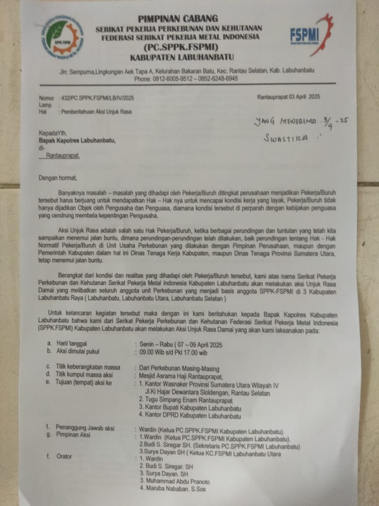 Usung Tujuh Tuntutan, SPPK FSPMI  Labuhanbatu Akan Gelar Aksi Esok Hari