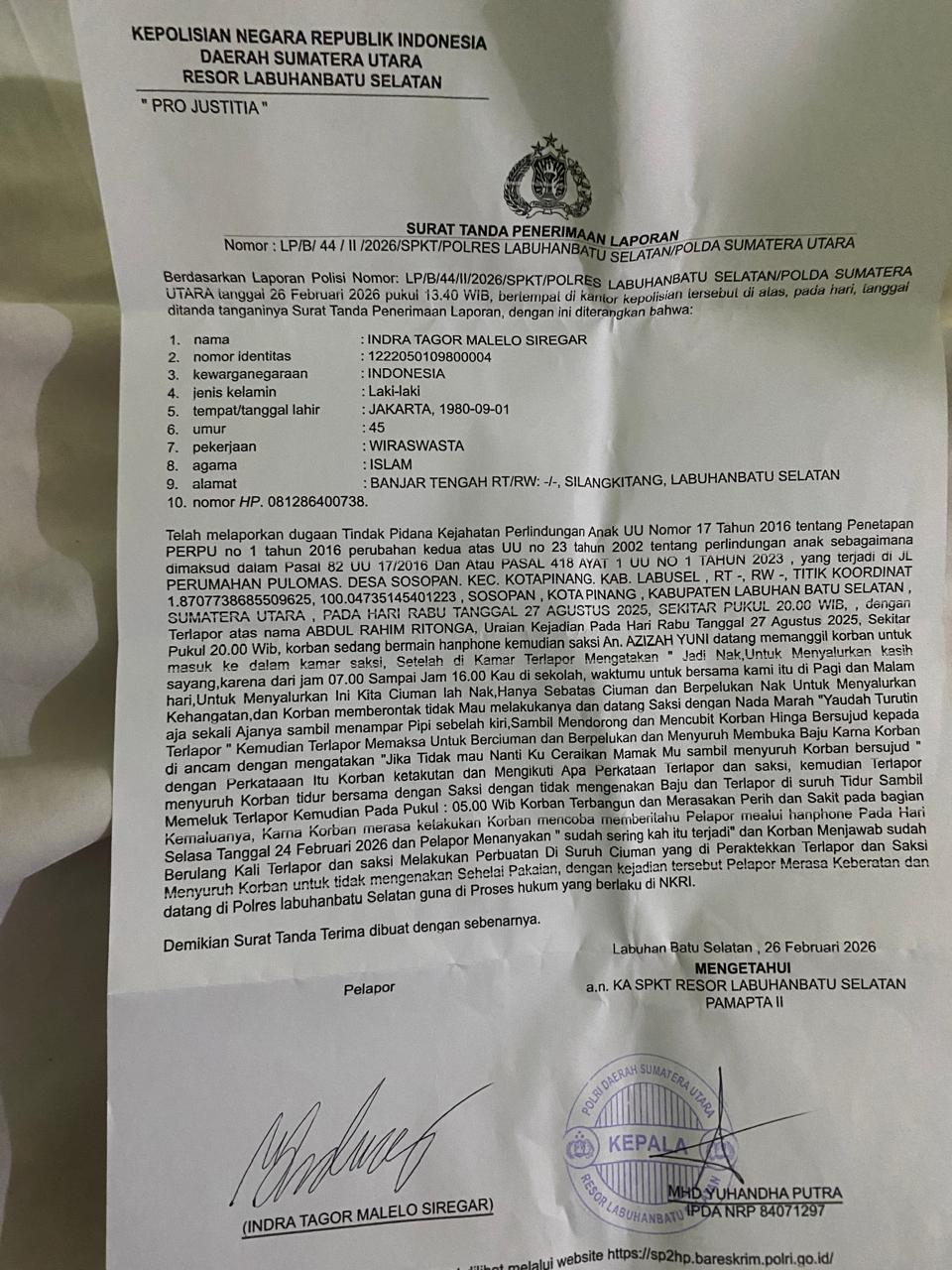 Oknum Pegawai Dishub Labusel Dilaporkan ke Polisi Atas Dugaan Pencabulan Anak Tiri