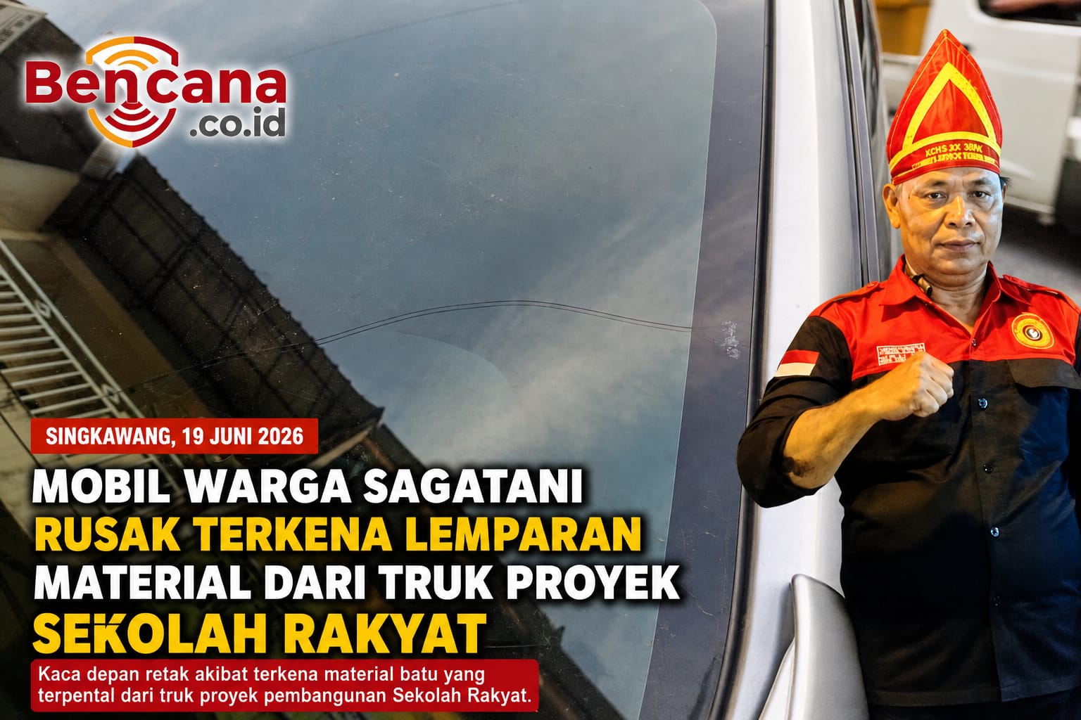 Mobil Warga Sagatani Rusak Terkena Lemparan Material dari Truk Proyek Sekolah Rakyat